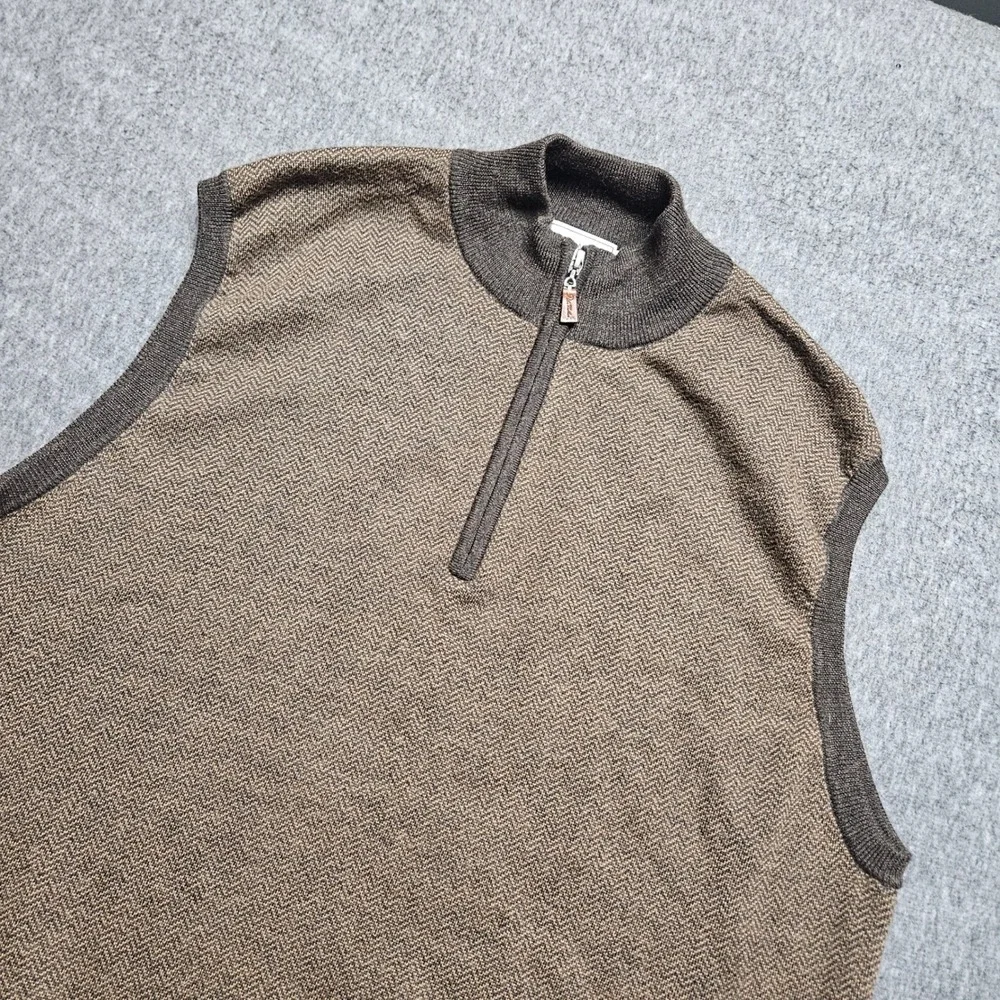 Peter Millar Sweater Vest Mens L Brown Herringbone Merino Wool Quarter Zip